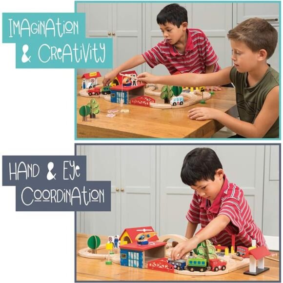 Wooden Train Set - 69 Pieces Wooden Train Tracks & Trains for Kids, Toddler - Picture 3 of 7